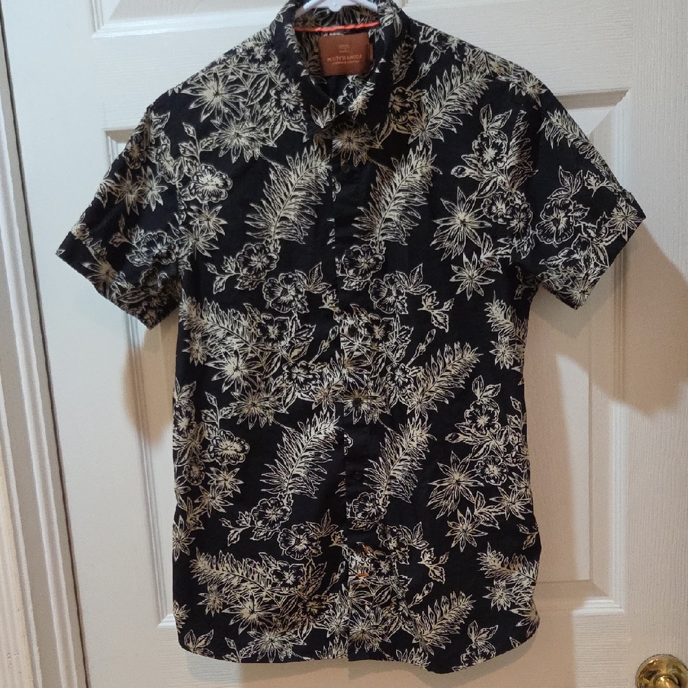 Scotch & Soda Black Short-Sleeve Floral Button-Down Shirt Size Med